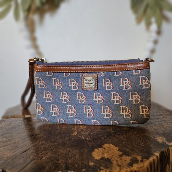 Dooney & Bourke DB Monogram Wristlet Blue Canvas Brown Leather Trim Small Bag - Picture 7 of 10